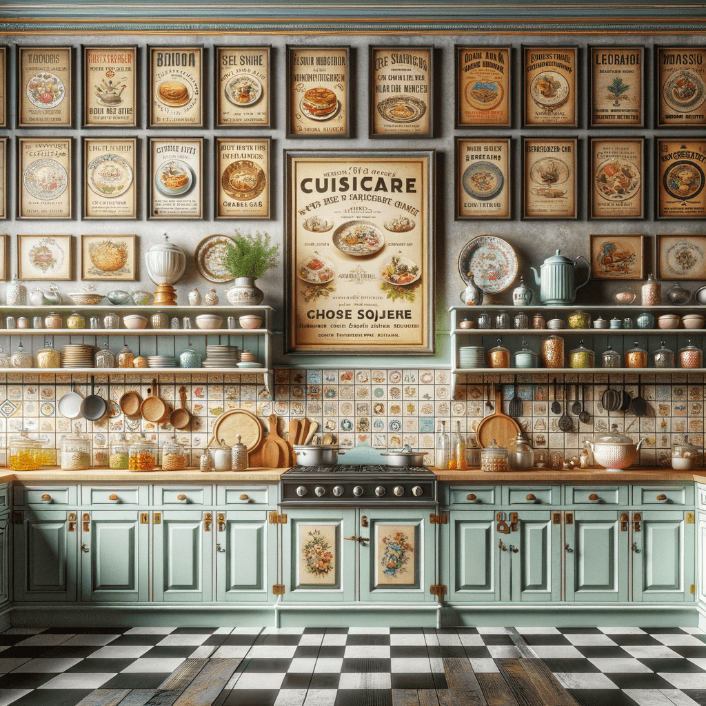 Vintage-style kitchen with pastel green cabinetry, checkered floor, and walls adorned with framed antique food advertisements. Shelves are filled with pots, pans, and decorative items.