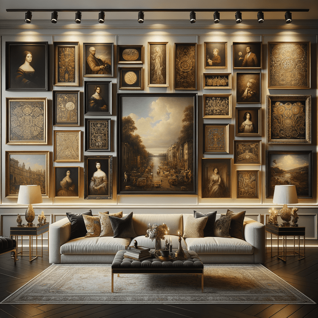 An opulent living room with a large collection of classical framed artwork covering the wall, elegant furniture including a plush sofa with decorative pillows, and tasteful lighting.