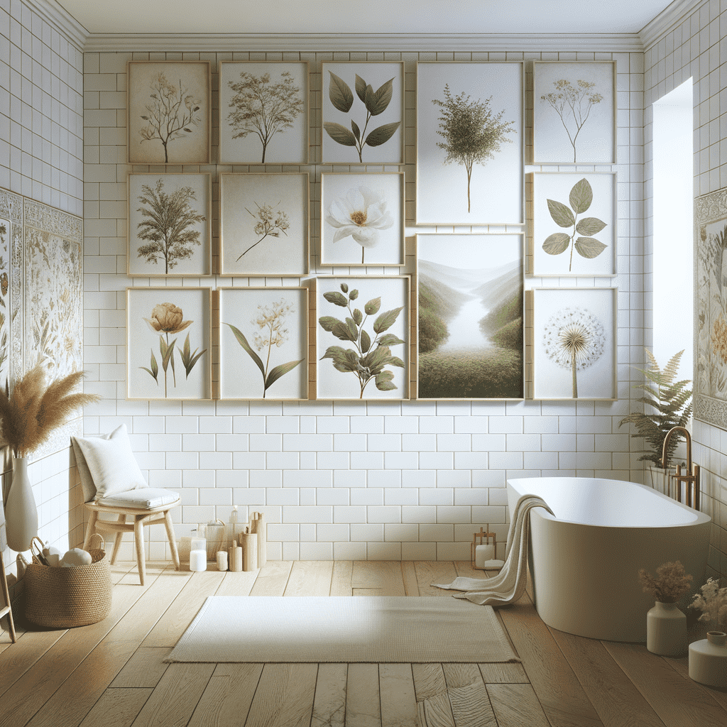 A serene bathroom with white subway tiles featuring a wall decorated with framed botanical art prints, a free-standing bathtub, a wooden floor, and natural decor elements such as potted plants and dried pampas grass.