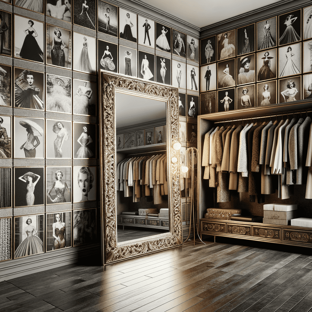 An elegant walk-in closet with walls adorned with black and white fashion photographs, featuring a large ornate mirror reflecting the interior and stylish clothing displayed on the racks.