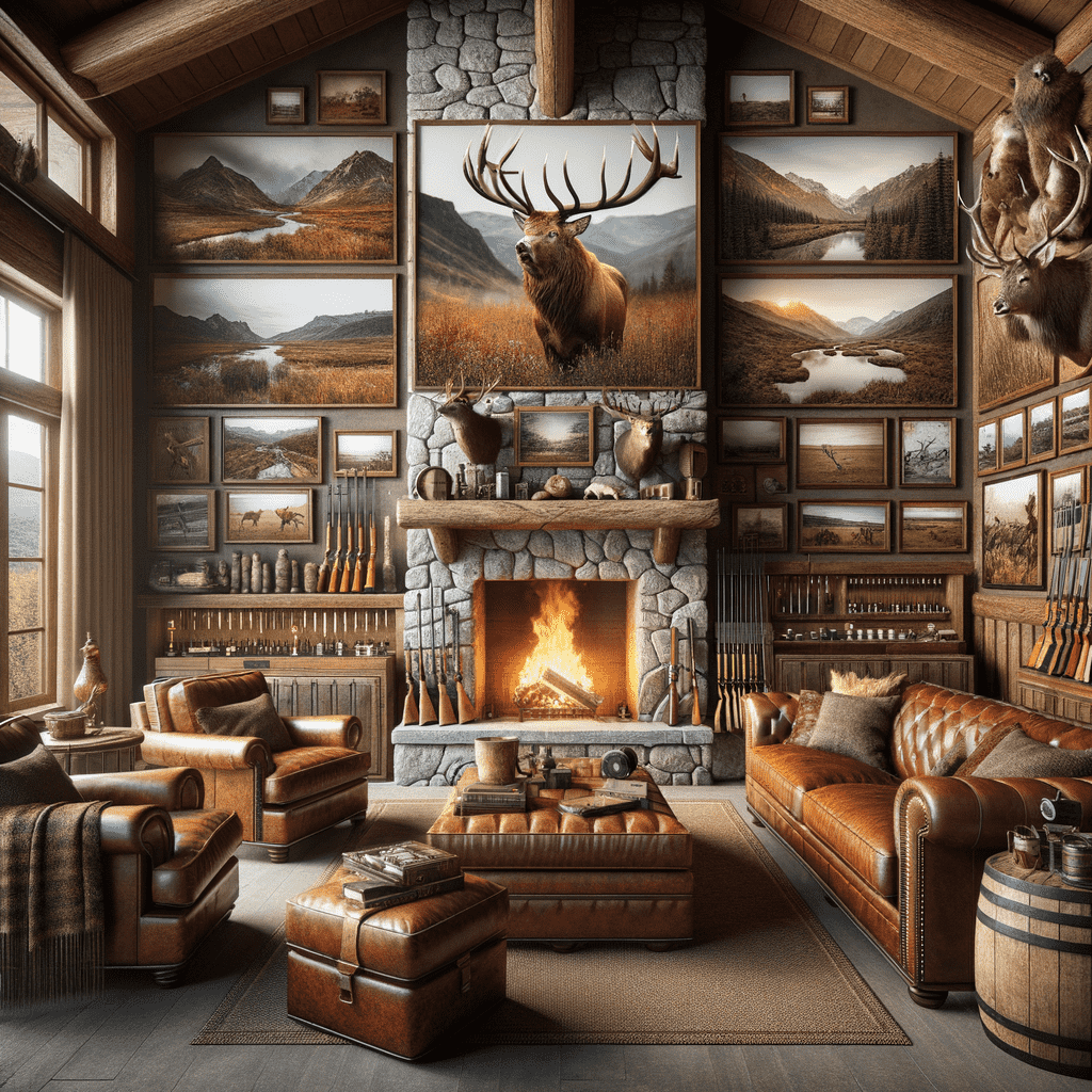 A cozy cabin interior with a roaring fireplace, leather furniture, and walls adorned with nature-themed artwork and taxidermied animals.