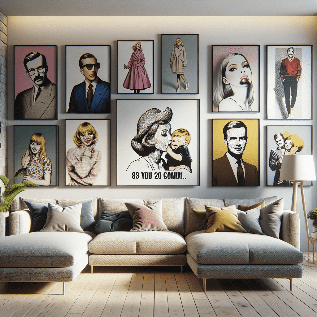 A modern living room with a comfortable sectional sofa adorned with various pillows, in front of a wall decorated with a collection of framed pop art-style portraits. The artwork features stylized images of individuals and pairs in a range of poses and expressions.