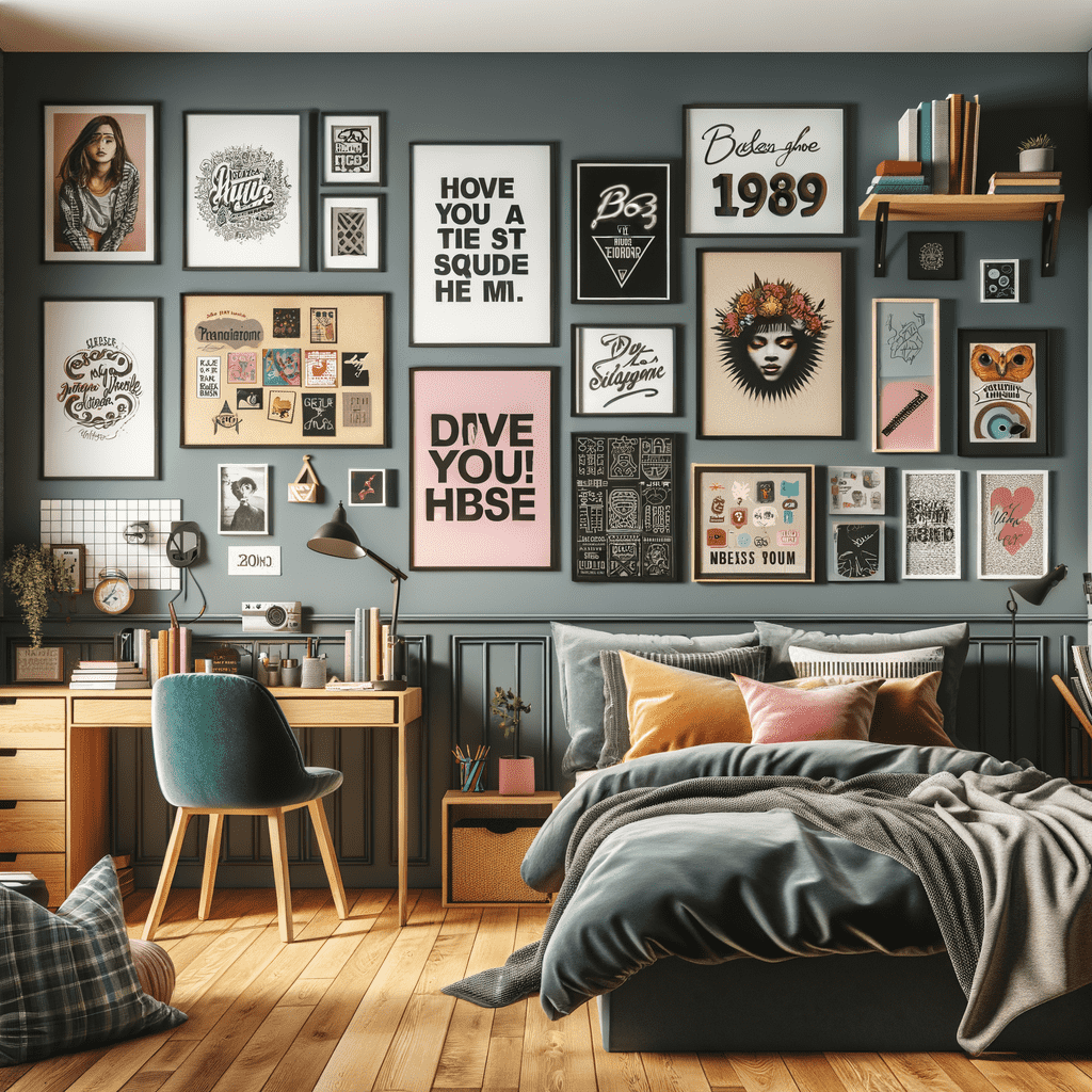 A stylish bedroom with an extensive gallery wall featuring a variety of framed artworks and quotes, a cozy bed with colorful pillows, a wooden desk with a teal chair, and a shelf with books and decorative items.