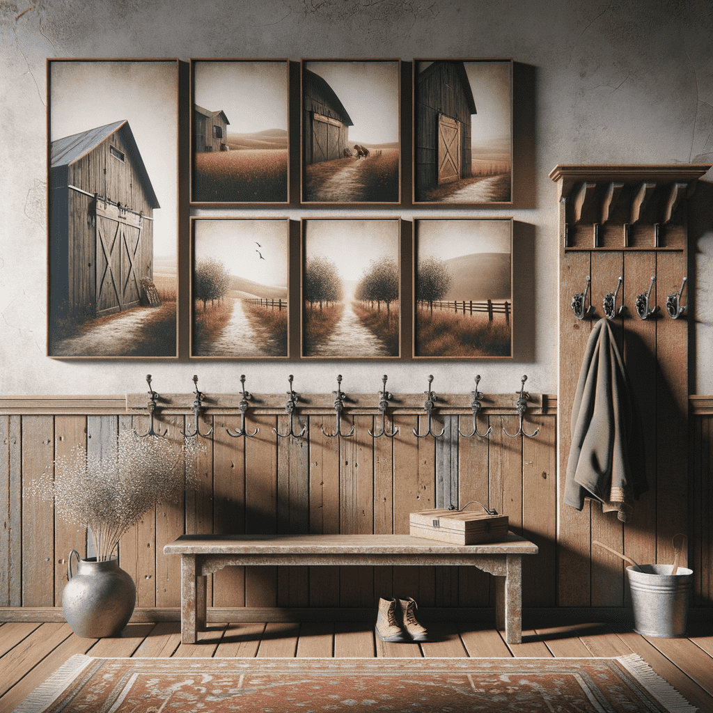 A cozy rustic entryway with a wooden bench, a row of coat hooks, and a series of framed landscape paintings on the wall. A pair of shoes, a vase with dried flowers, and a draped coat add to the homely atmosphere.