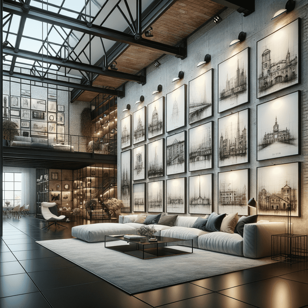 A modern industrial-style living room with high ceilings and exposed steel beams, featuring a large sectional sofa, a central glass coffee table, and an expansive wall decorated with framed architectural drawings.