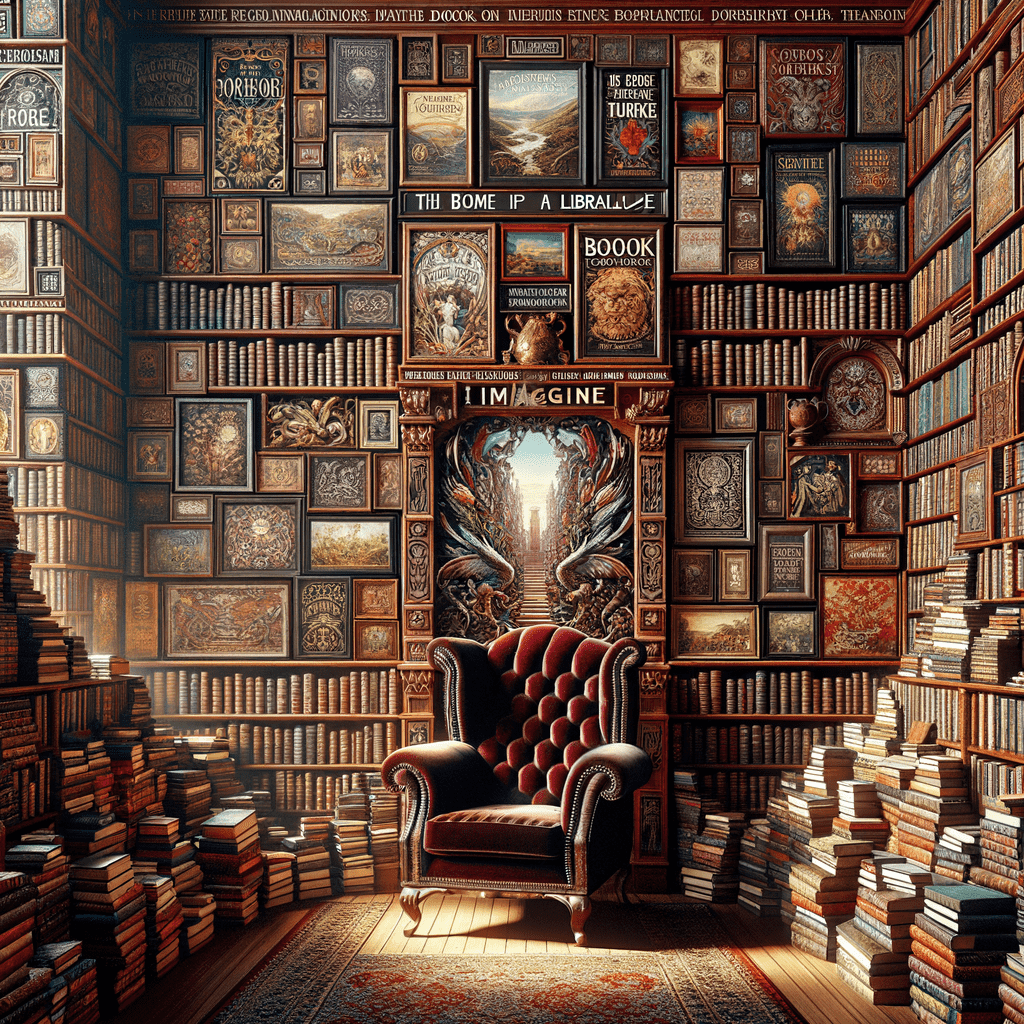 A cozy library room with floor-to-ceiling bookshelves filled with intricately designed spines, surrounding a plush red armchair. A painting above the chair shows a tree with a vivid pathway leading into a bright horizon, and the word "IMAGINE" is prominently displayed. Books are stacked on the steps leading to the second level of the library.