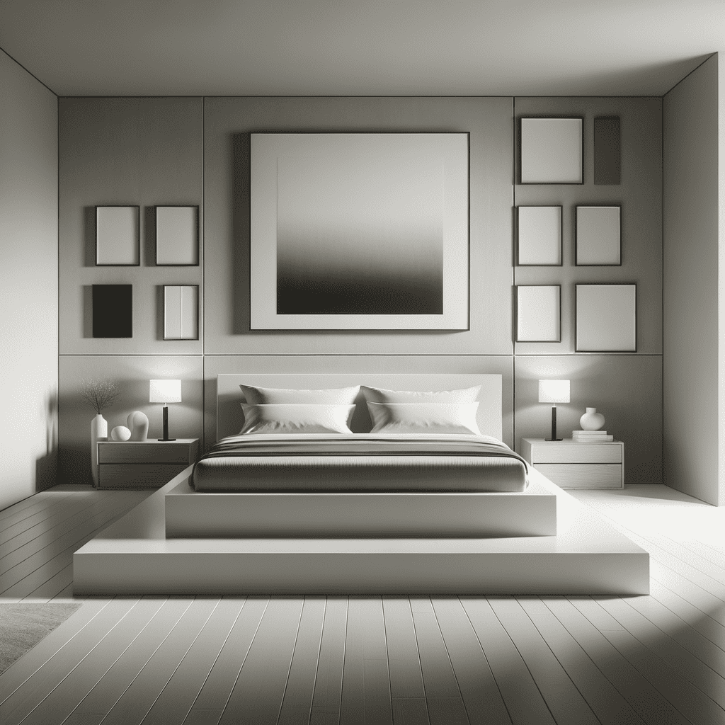 A modern monochrome bedroom with a large bed on a platform, symmetrical nightstands with lamps, and a large abstract painting above the bed, surrounded by geometrically arranged square frames on the wall.