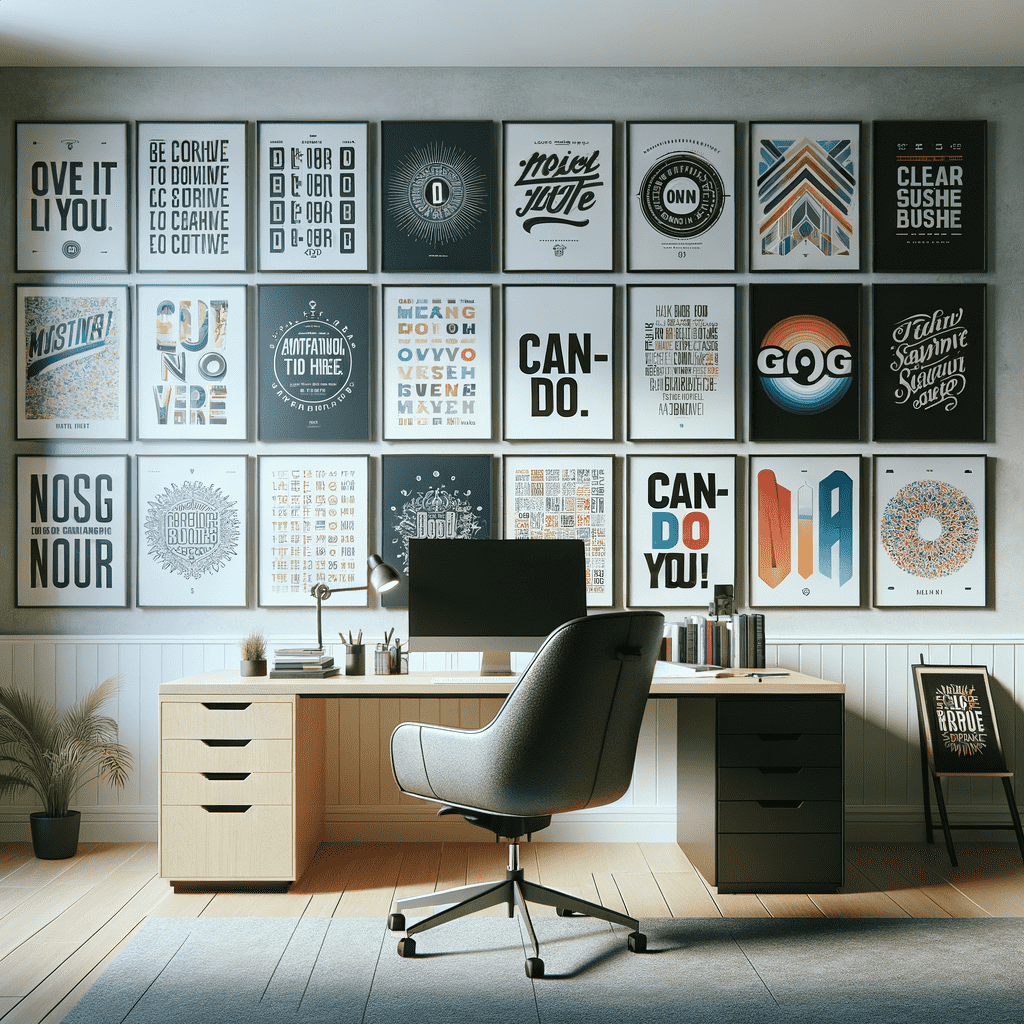 A modern home office with a wall covered in framed typographic art, a desk with a computer and supplies, and a stylish office chair.