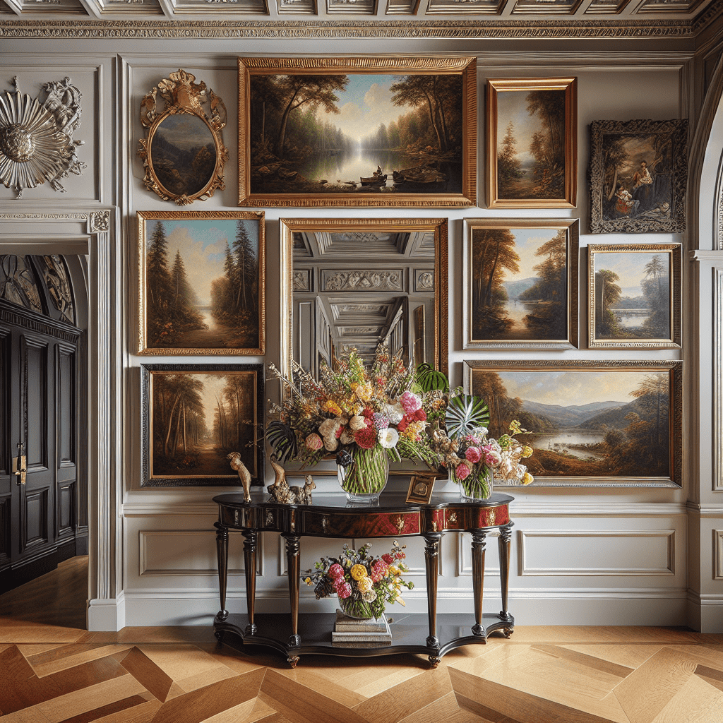 An elegant room with a herringbone wood floor, featuring a collection of framed landscape paintings on paneled walls and a classical table adorned with a bouquet of flowers.