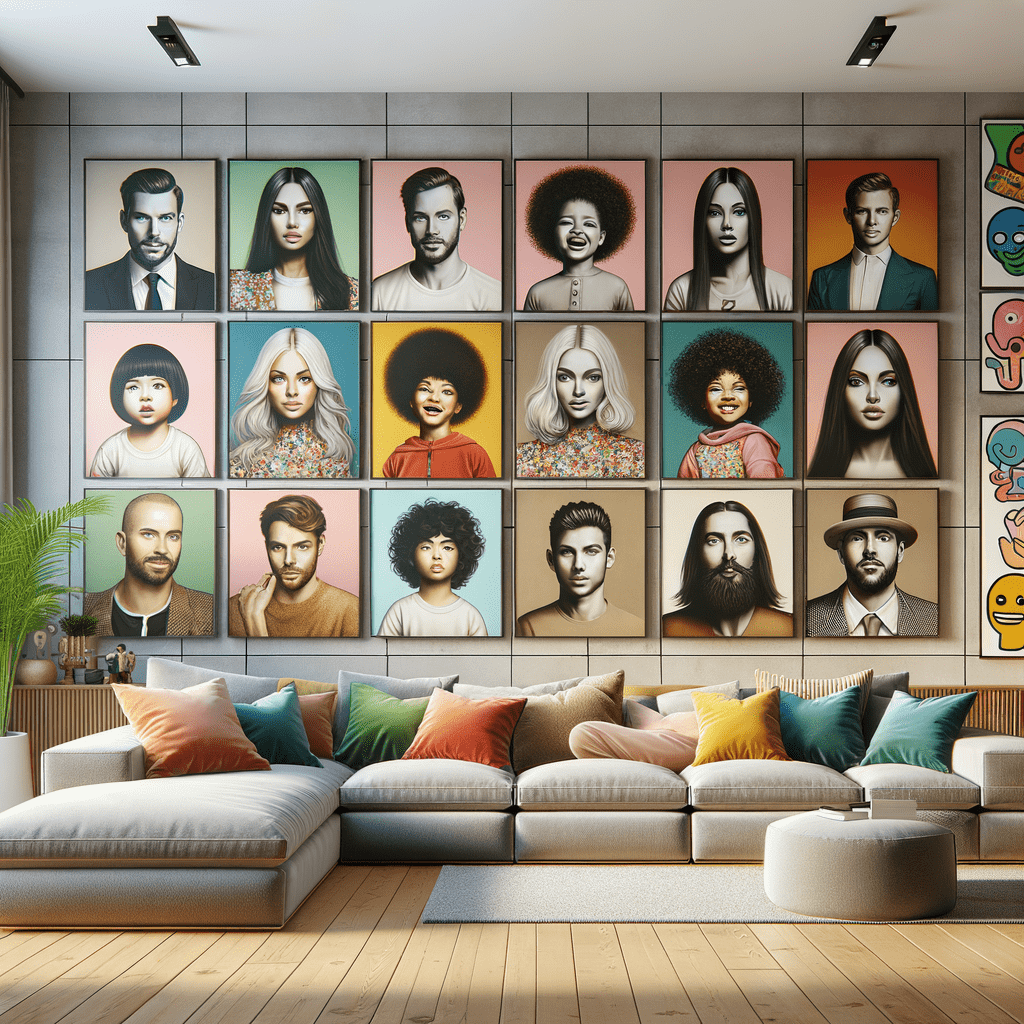 Stylish living room with a large wall featuring a grid of colorful portraits of diverse people.