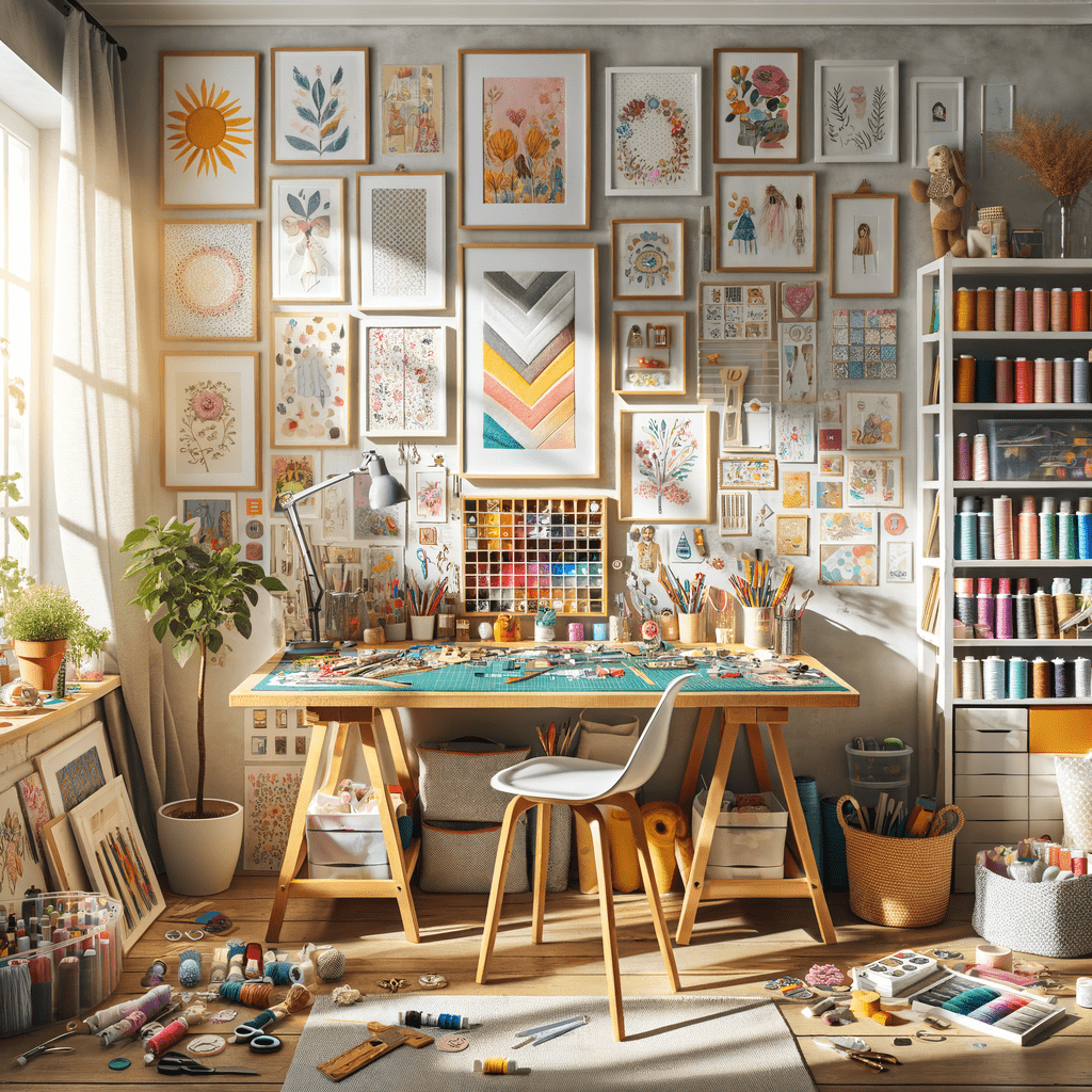 A well-organized and sunlit artist's studio filled with various art supplies, colorful illustrations on the wall, and a work table with painting materials.