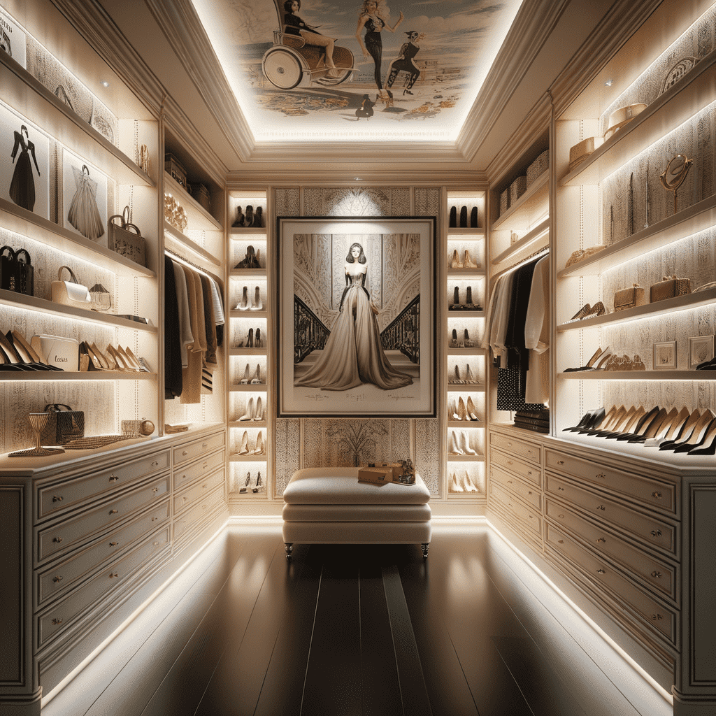 An elegant walk-in closet with illuminated shelves displaying an assortment of shoes, bags, and clothing, a large framed picture on the wall, and a soft ottoman in the center. The ceiling features a vintage-style painted mural.