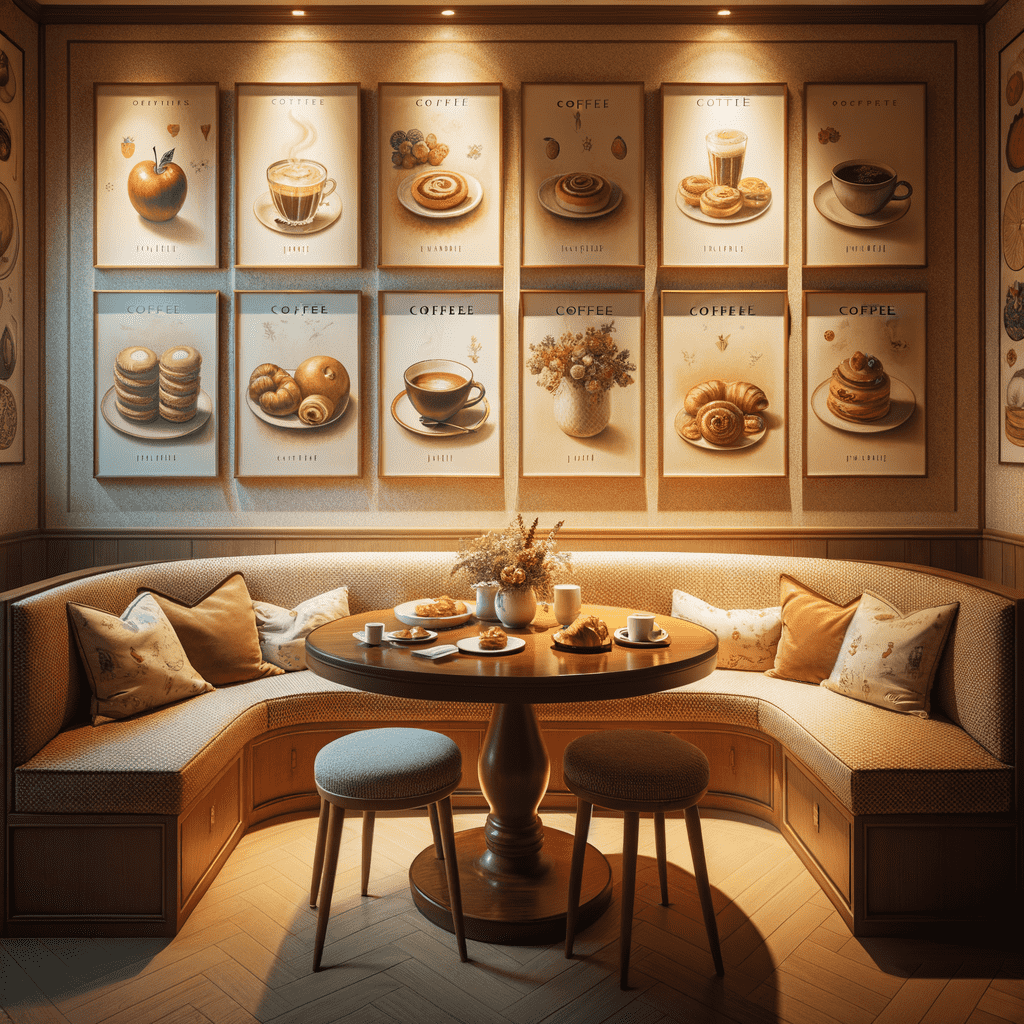 Alt text: A cozy café corner with cushioned seating and framed pictures of various coffee cups and pastries on the walls. A round wooden table is set with coffee cups and desserts, and soft lighting creates a warm ambiance.