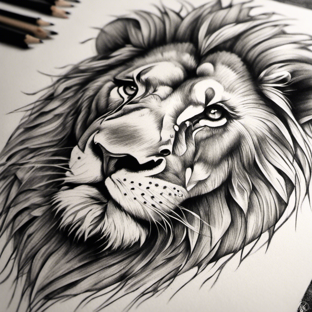 A highly detailed black and white pencil drawing of a lion's face, with a focus on the mane and eyes, accompanied by drawing pencils to the side, on a textured paper surface.