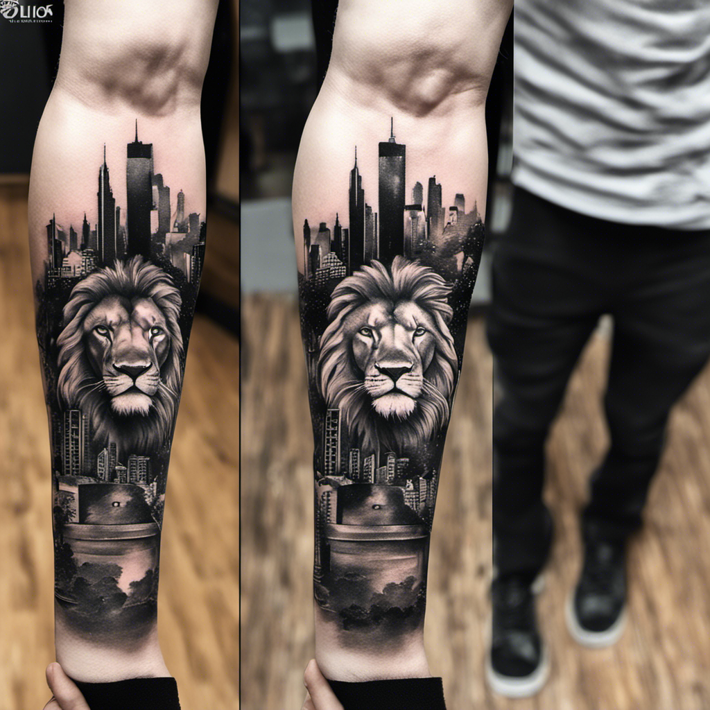 A person's arm with a detailed black and gray tattoo showcasing a city skyline on top and a realistic lion's face in the center, blending into a reflection of the skyline at the bottom.