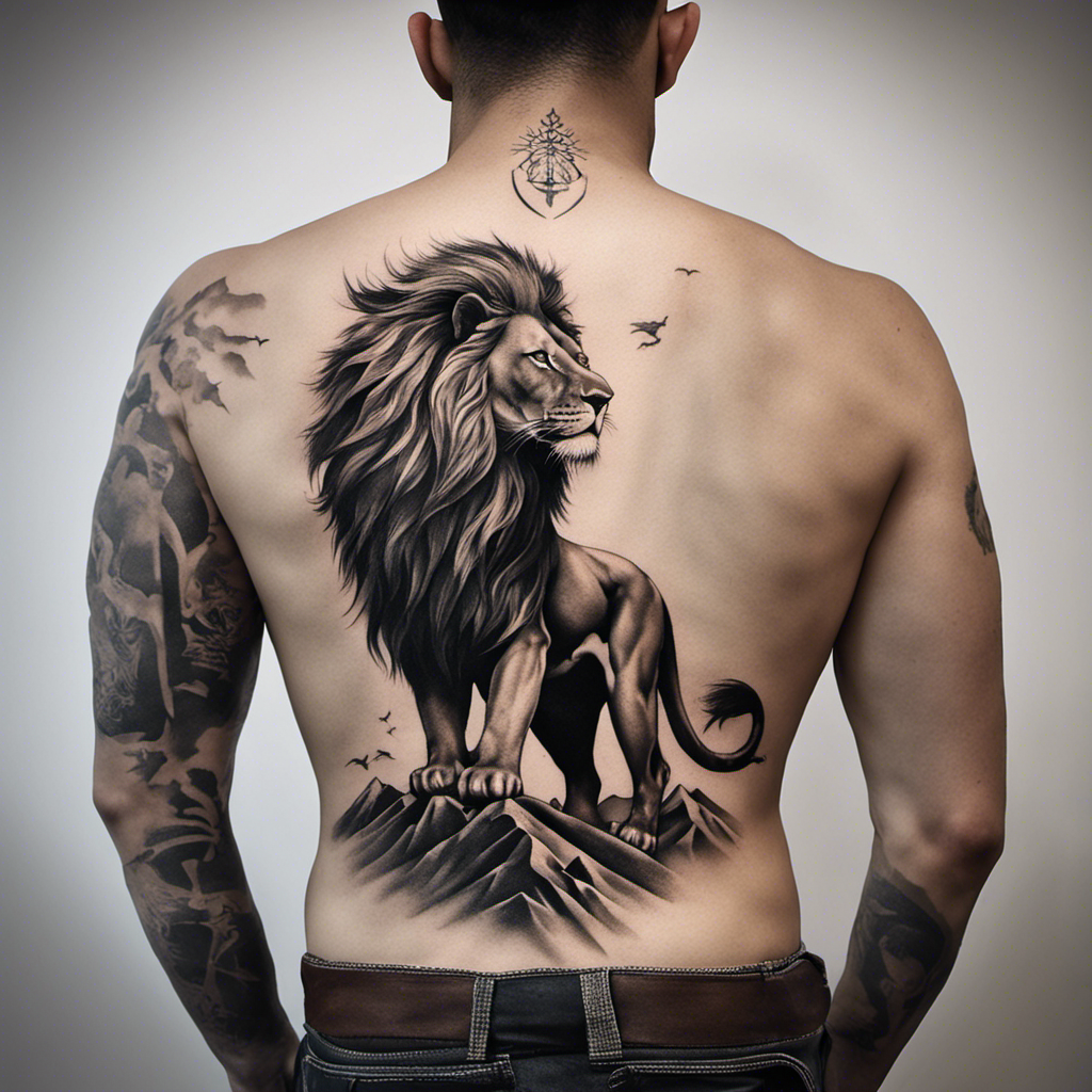 Man standing with his back to the camera, showcasing a large, detailed black and white tattoo of a lion on his back, with other tattoos on his arms and neck.