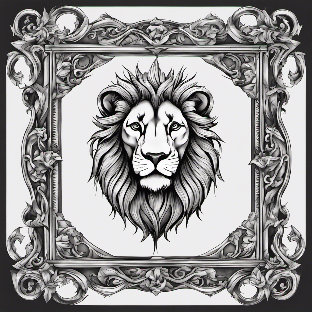 A monochrome illustration of a lion's head centered within an ornate, decorative frame with intricate floral and scroll motifs.