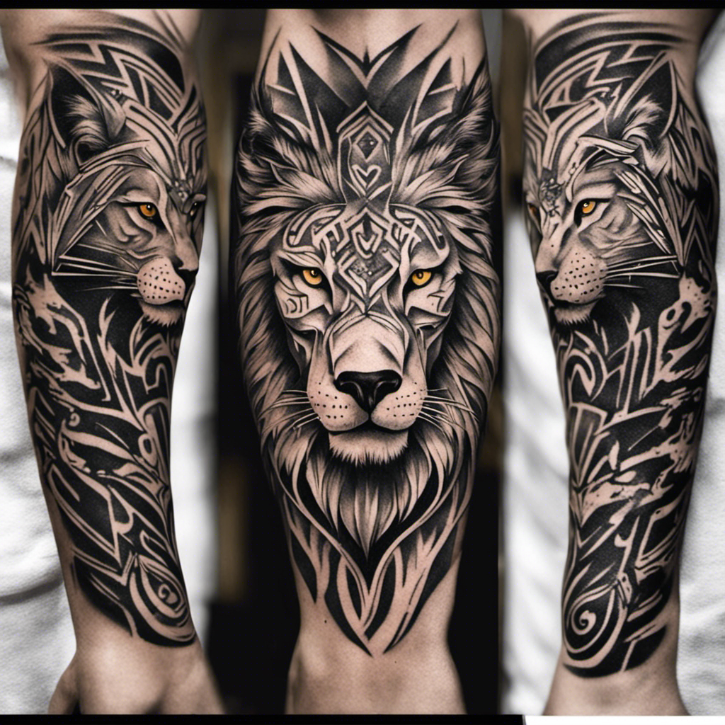 An intricate black and gray tattoo of a lion's face on a forearm, flanked by two tattoos of lionesses in a similar style on adjacent forearms.