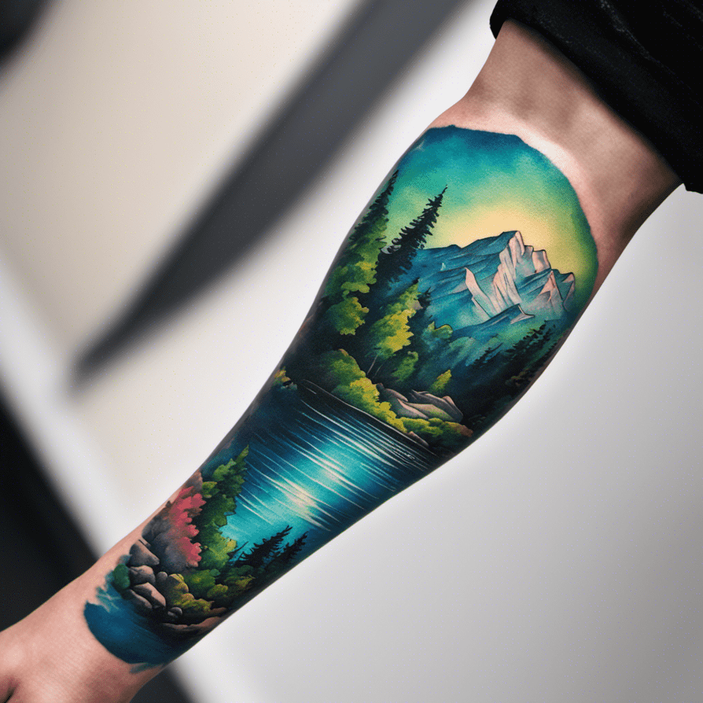 Alt text: A colorful tattoo of a nature scene covers a person's arm, featuring a mountainous landscape with trees, water reflections, and a vivid sky.