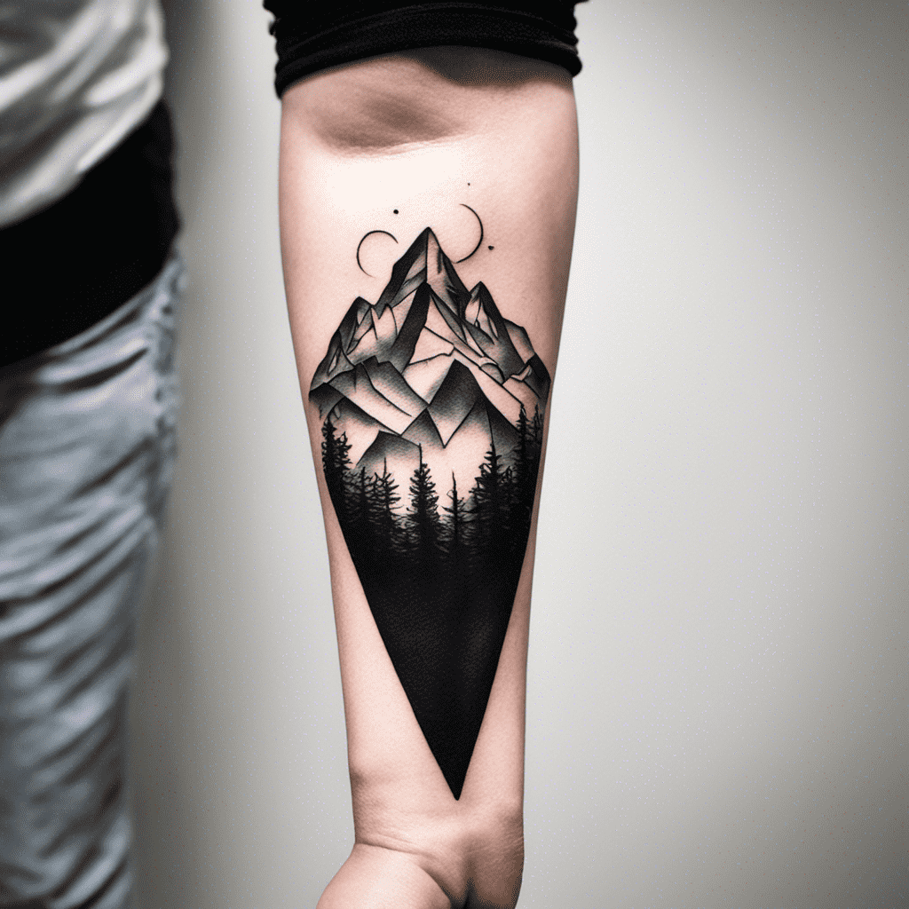 A detailed black and grey tattoo of a mountain range with a forest at the base on someone's forearm. There is a geometric element to the design with parts of the image appearing to be fragmented or reflected, and celestial symbols such as a crescent moon and a circle above the mountains.