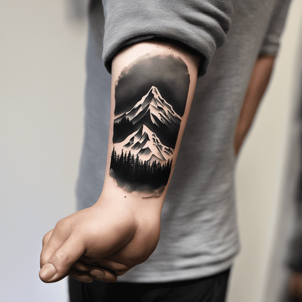 A detailed black and gray tattoo of a mountainous landscape with pine trees on a person's forearm.