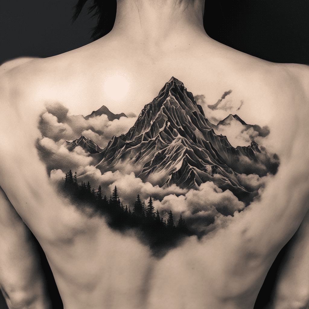 Alt text: A detailed black and white tattoo of a mountain range with clouds and trees on a person's back, positioned symmetrically with the peak aligned with the spine.