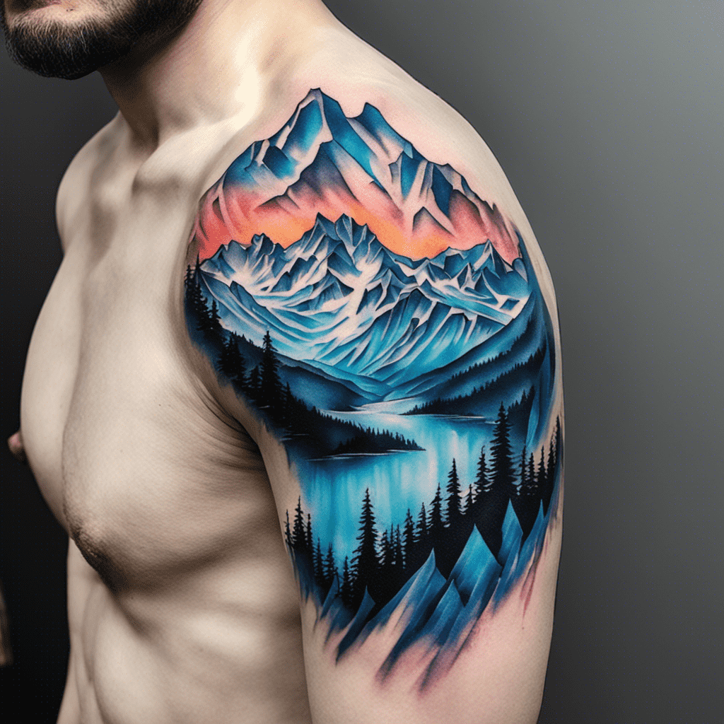 A detailed mountain landscape tattoo covering a person's upper arm and shoulder, featuring snow-capped peaks, pine trees, and a lake with a vibrant sunset sky.