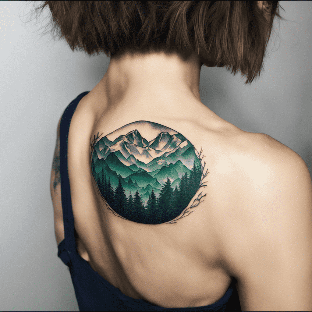 A person with a large, detailed tattoo of a mountain landscape encompassing a pine forest on their back.