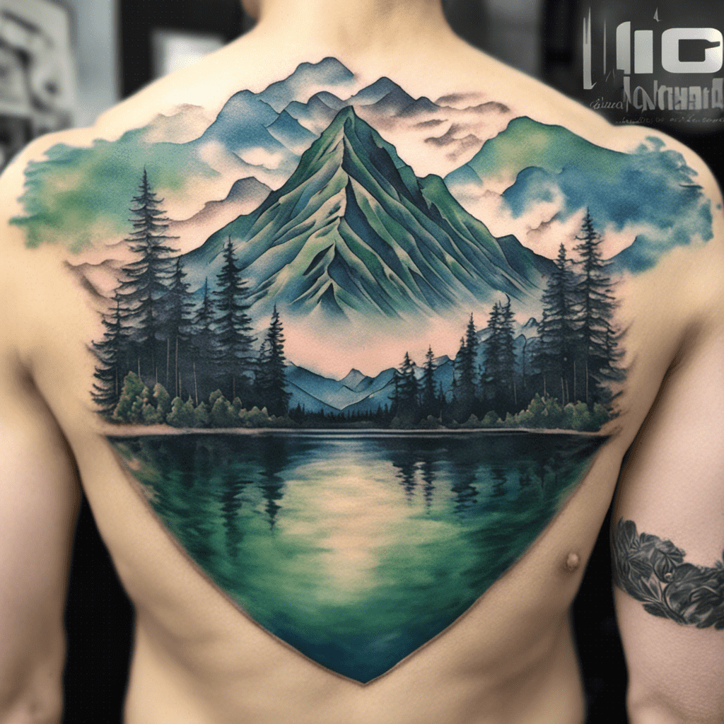 Alt text: A detailed tattoo of a mountain landscape covers a person's back, featuring a large central peak with lush forests and a reflective lake.