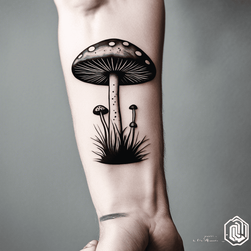 A black and white tattoo of stylized mushrooms on a person's forearm with the largest mushroom cap above a clump of grass.