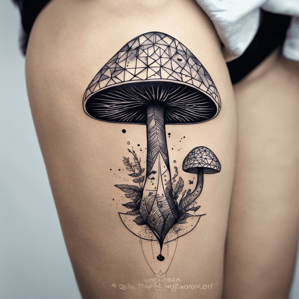 Alt text: A black and white geometric mushroom tattoo with fine dot work and leaf patterns on a person's upper thigh.