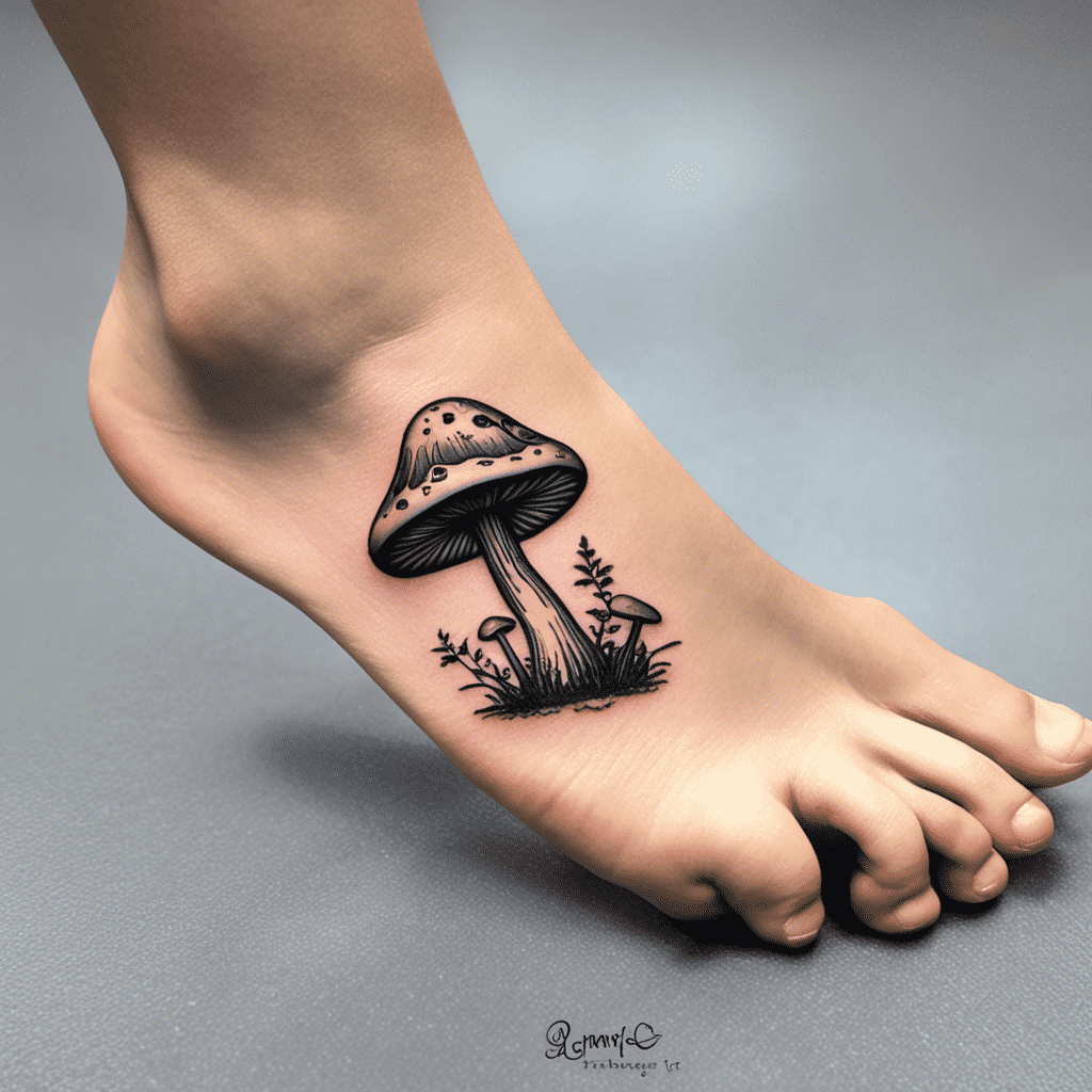 Alt text: An image of a foot with a detailed tattoo of a mushroom surrounded by small plants on the ankle.