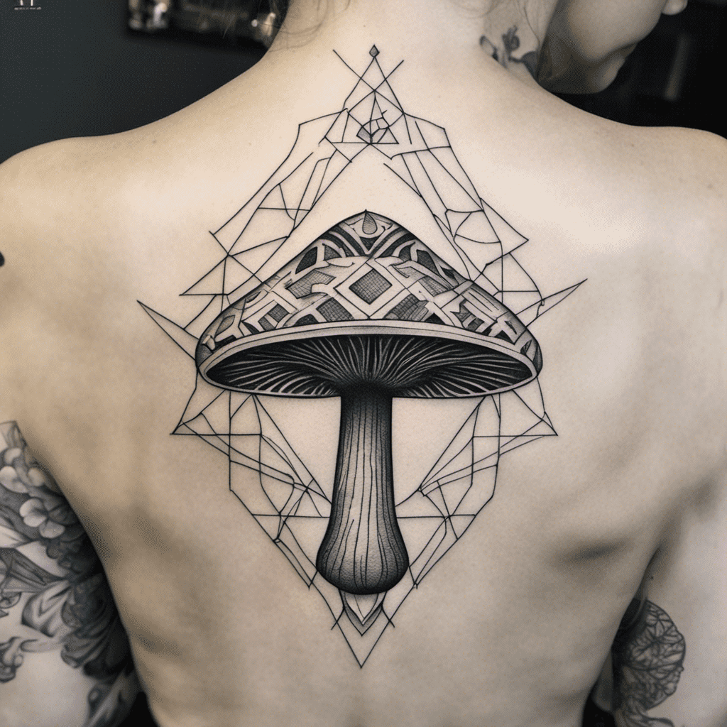 A detailed black and white tattoo of a geometric mushroom design centered on a person's upper back, surrounded by abstract geometric patterns.