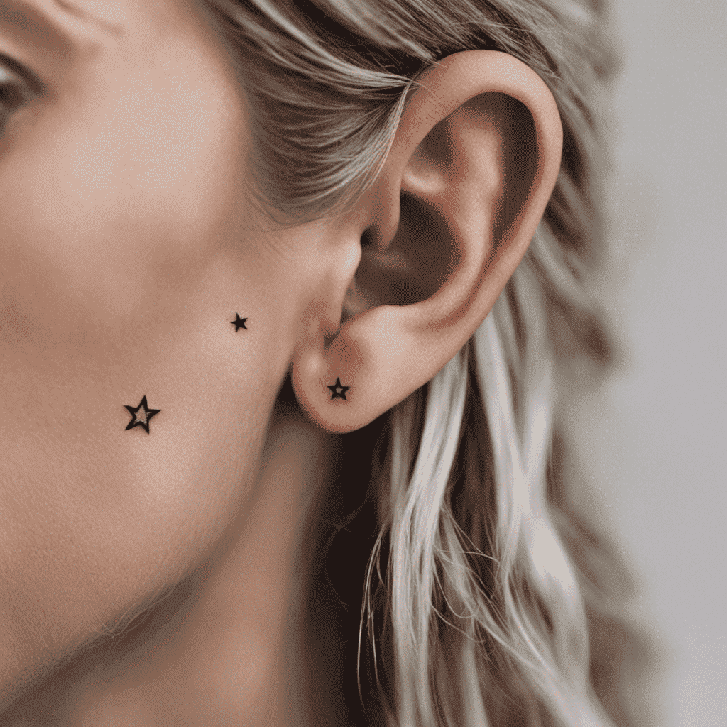 Alt text: Close-up of a person's ear with three black star tattoos behind it, with blonde hair partially visible.