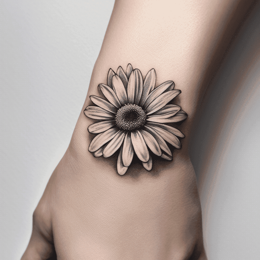 Alt text: A grayscale tattoo of a daisy flower with detailed shading on someone's skin, giving a lifelike appearance to the petals.
