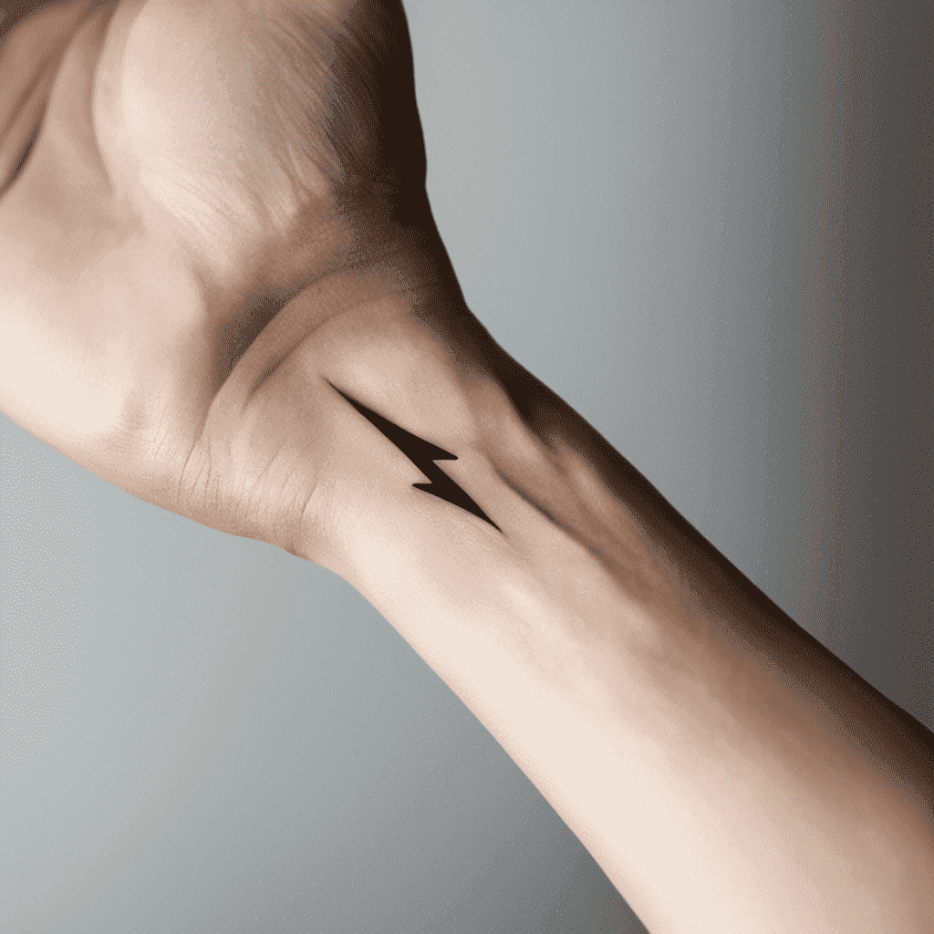 Alt text: A close-up of a person's wrist with a simple lightning bolt tattoo on it.