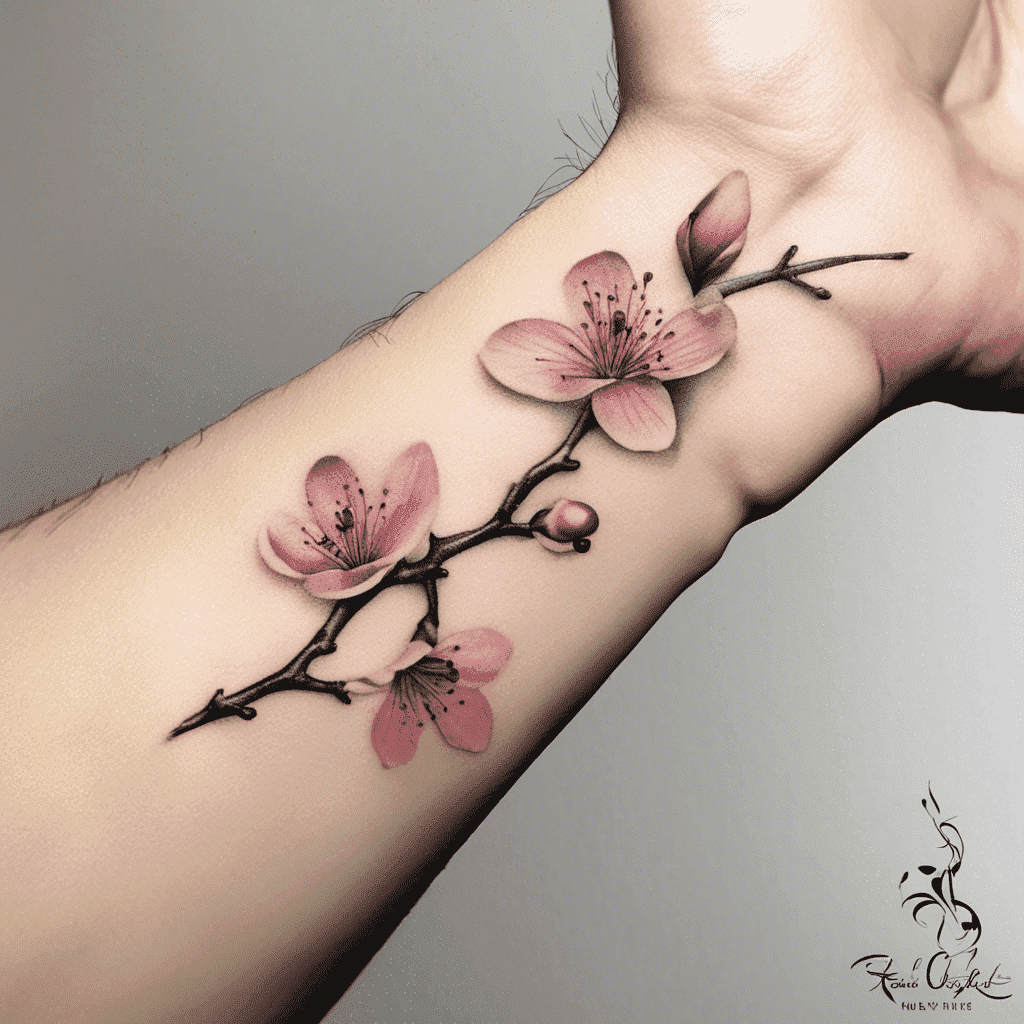 Alt text: A tattoo of a cherry blossom branch with pink flowers along the inner forearm.
