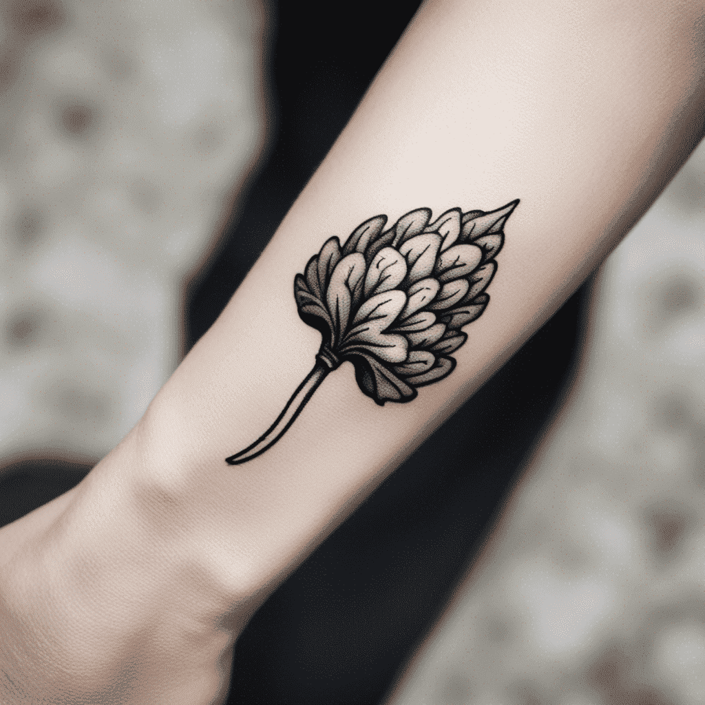 A black and white tattoo of a stylized hop cone on a person's arm.