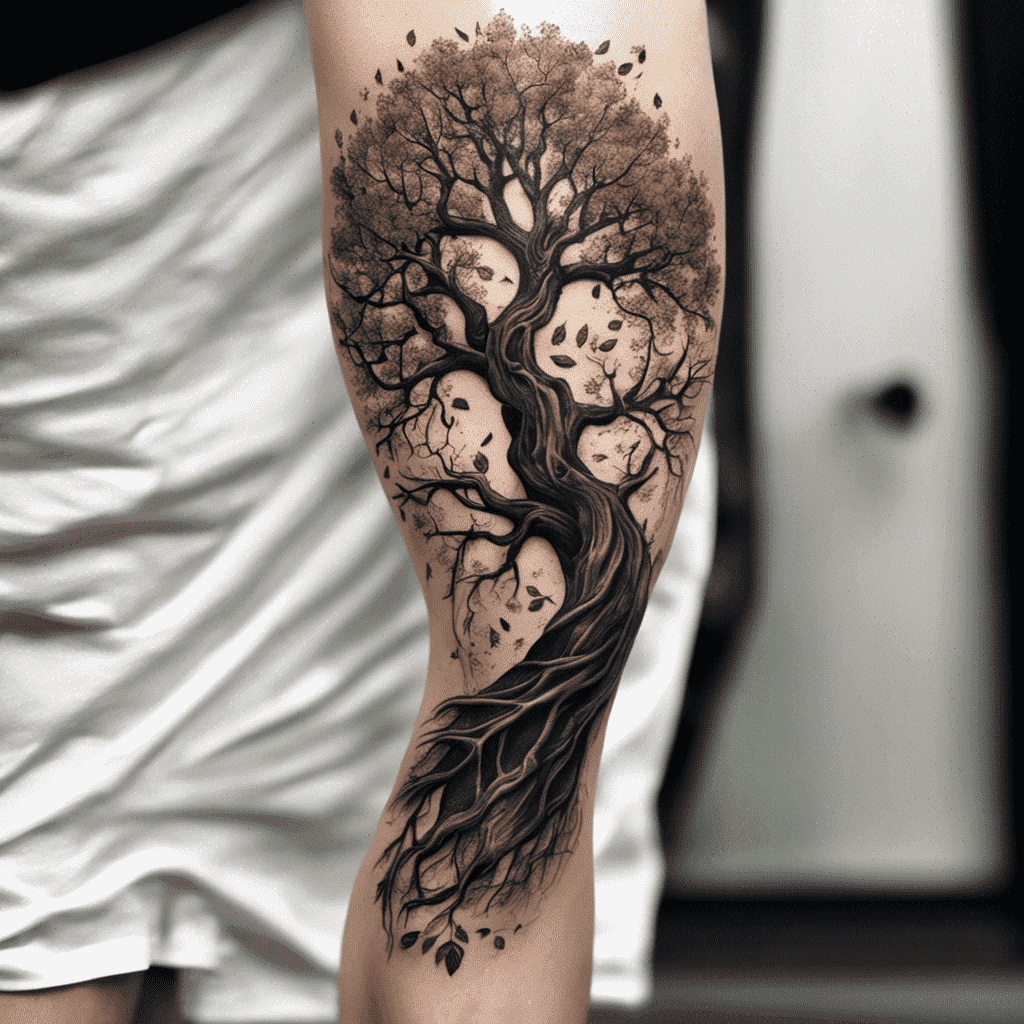 A detailed tattoo of a tree with intricate roots and branches on a person's thigh, with a white draped background.