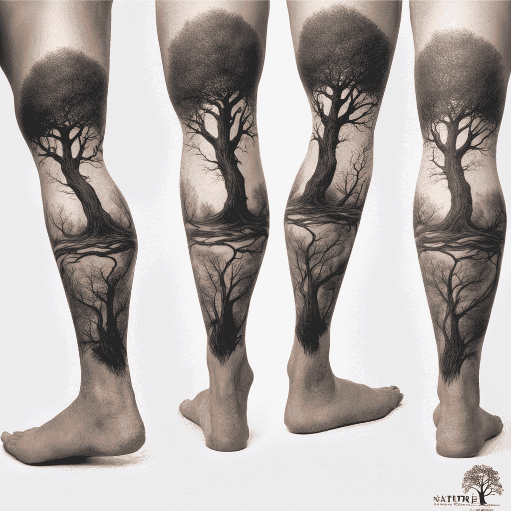 "Four views of a pair of legs with detailed black and white tree tattoos, extending from the thighs to the ankles, resembling tree trunks and branches."