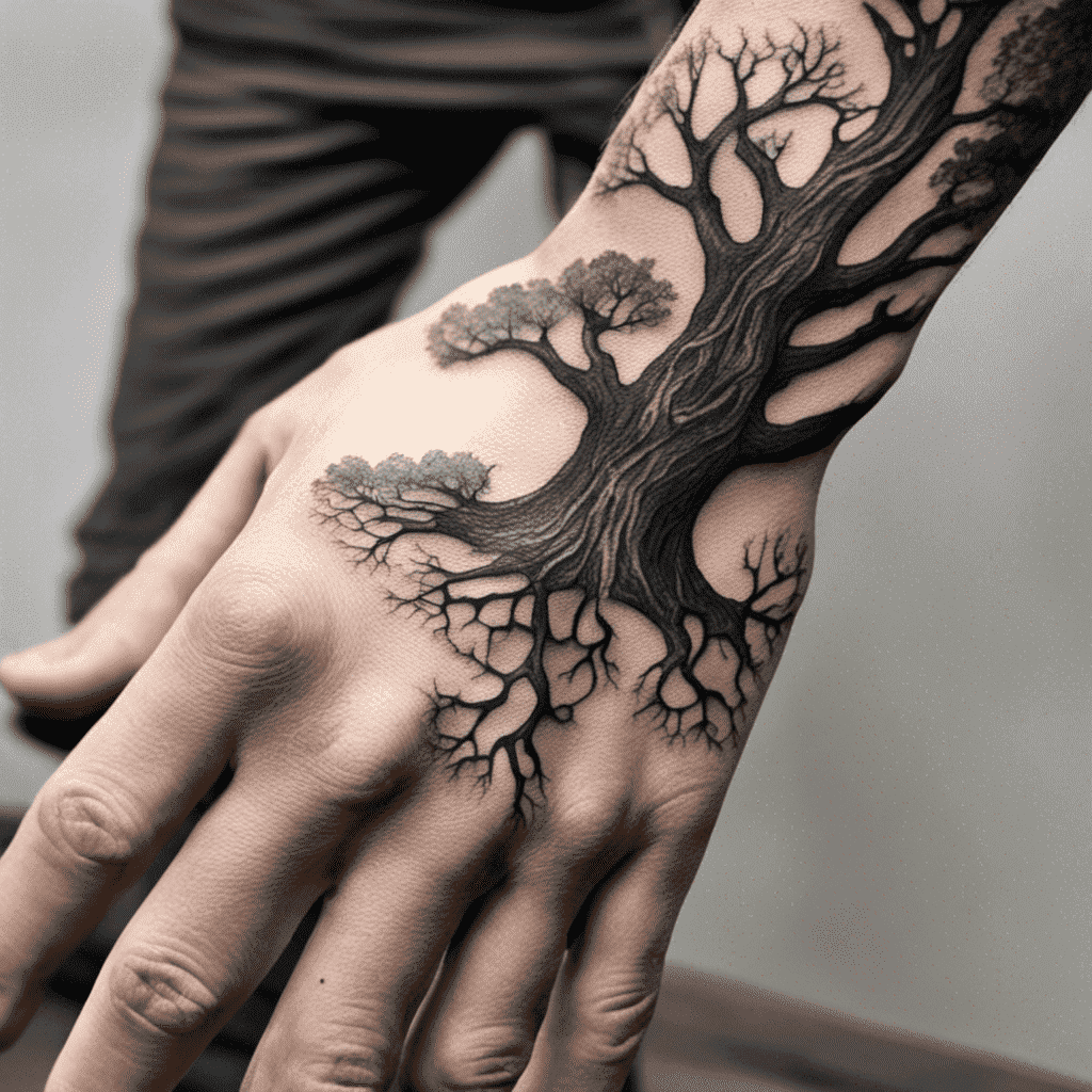 A detailed black ink tattoo of a tree with sprawling branches covering the back of a person's hand and extending onto the forearm.