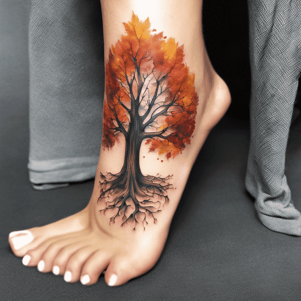 A colorful tree tattoo with autumn leaves on a person's leg, showing roots extending to the ankle and foot.