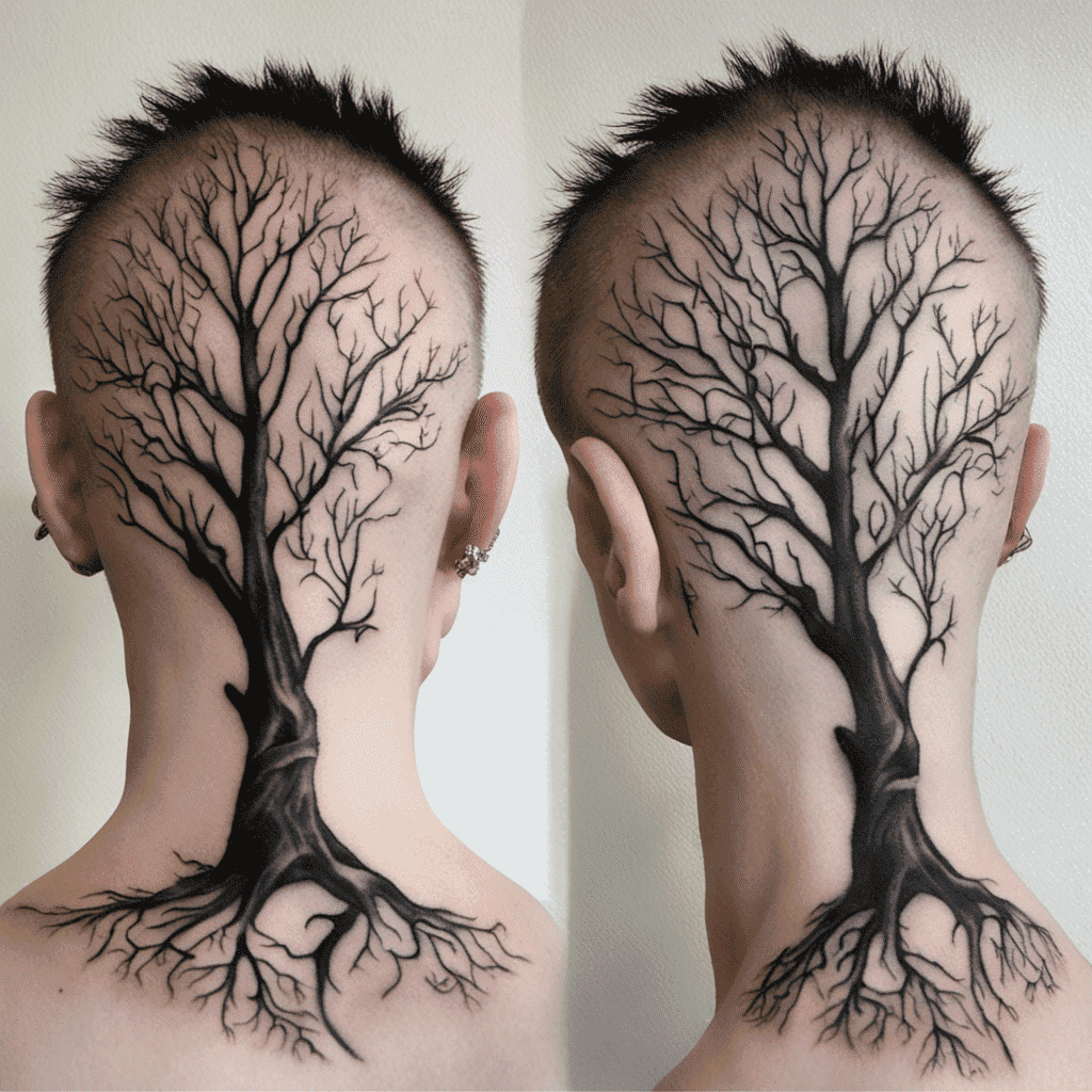 "Two side views of a person's head showing a detailed black tattoo of a leafless tree that covers the back of the head and neck, with branches that expand towards the skull and hair cut in a way to mimic the tree's silhouette."