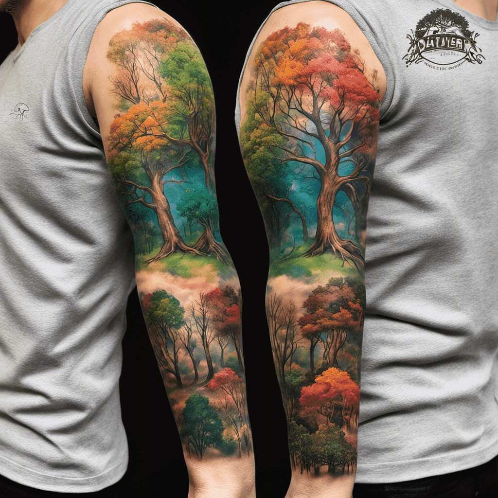 Alt text: An intricate and colorful full-sleeve tattoo depicting a vibrant forest scene with autumnal trees across both arms of an individual wearing a gray tank top.