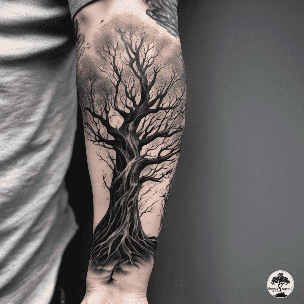 A detailed black and grey tattoo of a tree without leaves, covering someone's arm from shoulder to wrist.