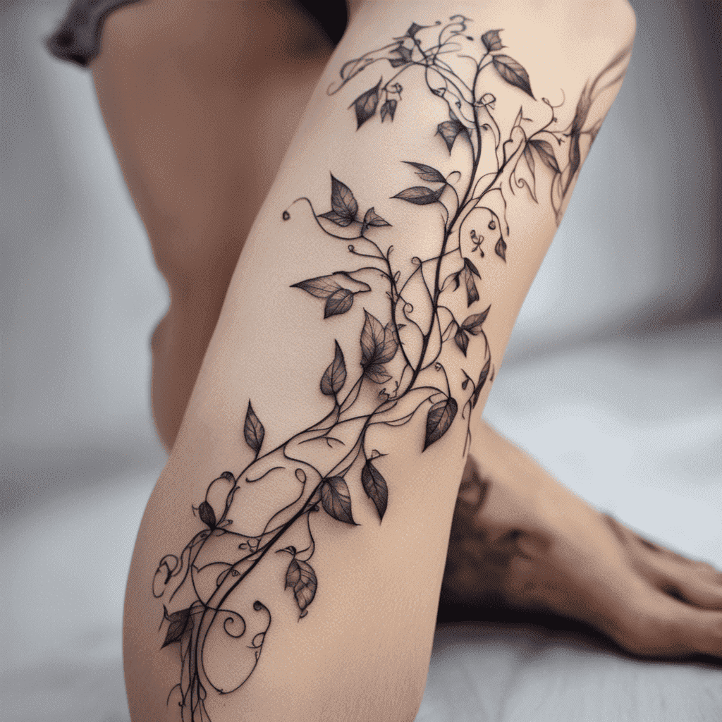 A detailed black floral vine tattoo on a person's leg.