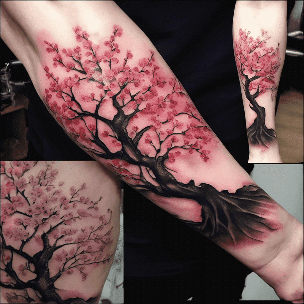 A detailed cherry blossom tree tattoo covering a person's arm, showcasing intricate branches and pink blossoms with a shaded effect.