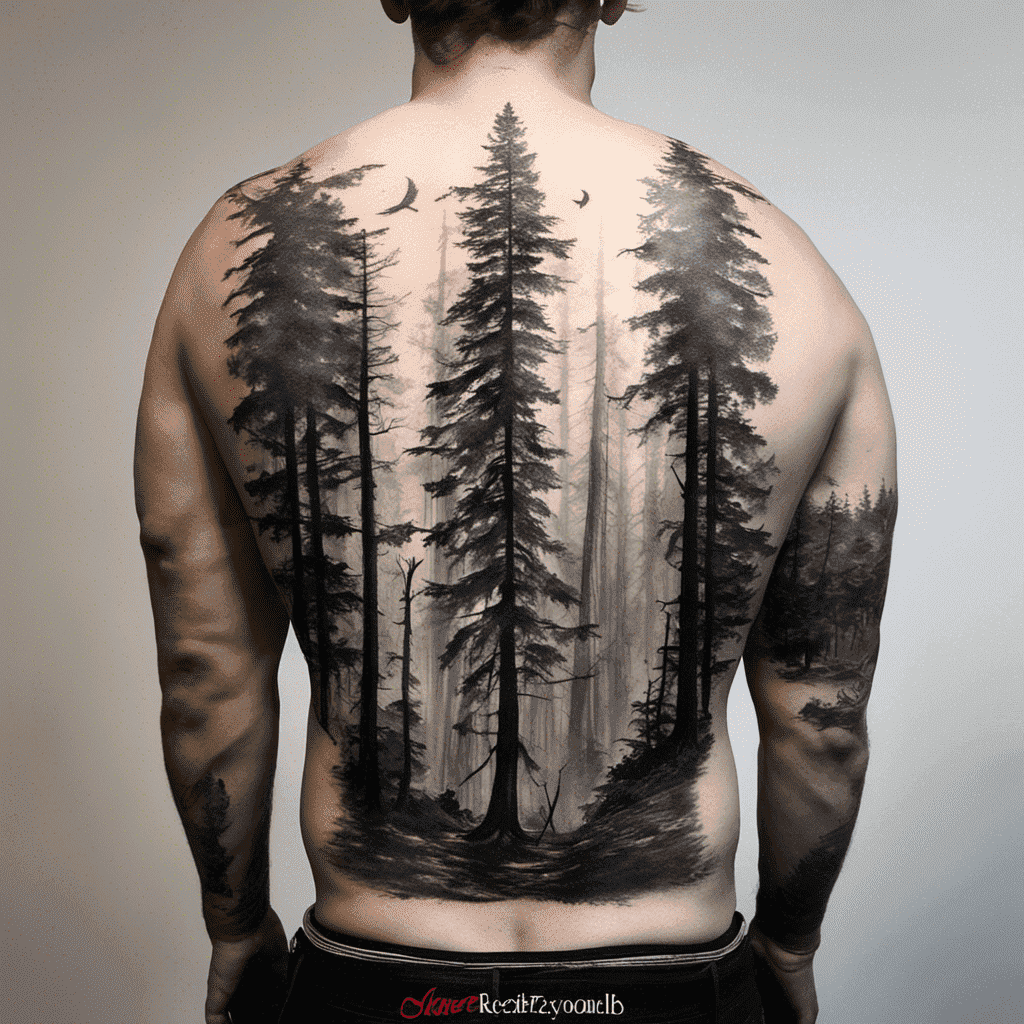 A man with his back to the camera, displaying a detailed black and white tattoo of a forest scene covering his entire back.