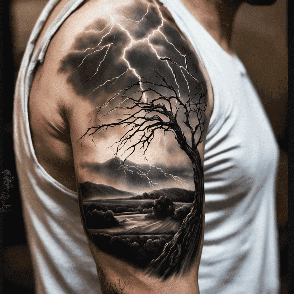 An elaborate black and white tattoo of a bare tree and a thunderstorm covers a person's shoulder and upper arm.