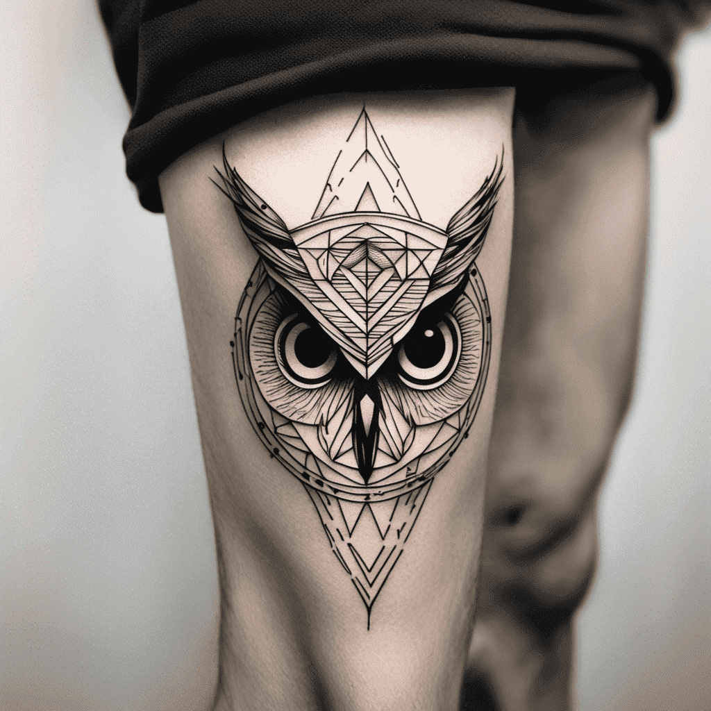 A black and white geometric owl tattoo on a person's thigh.